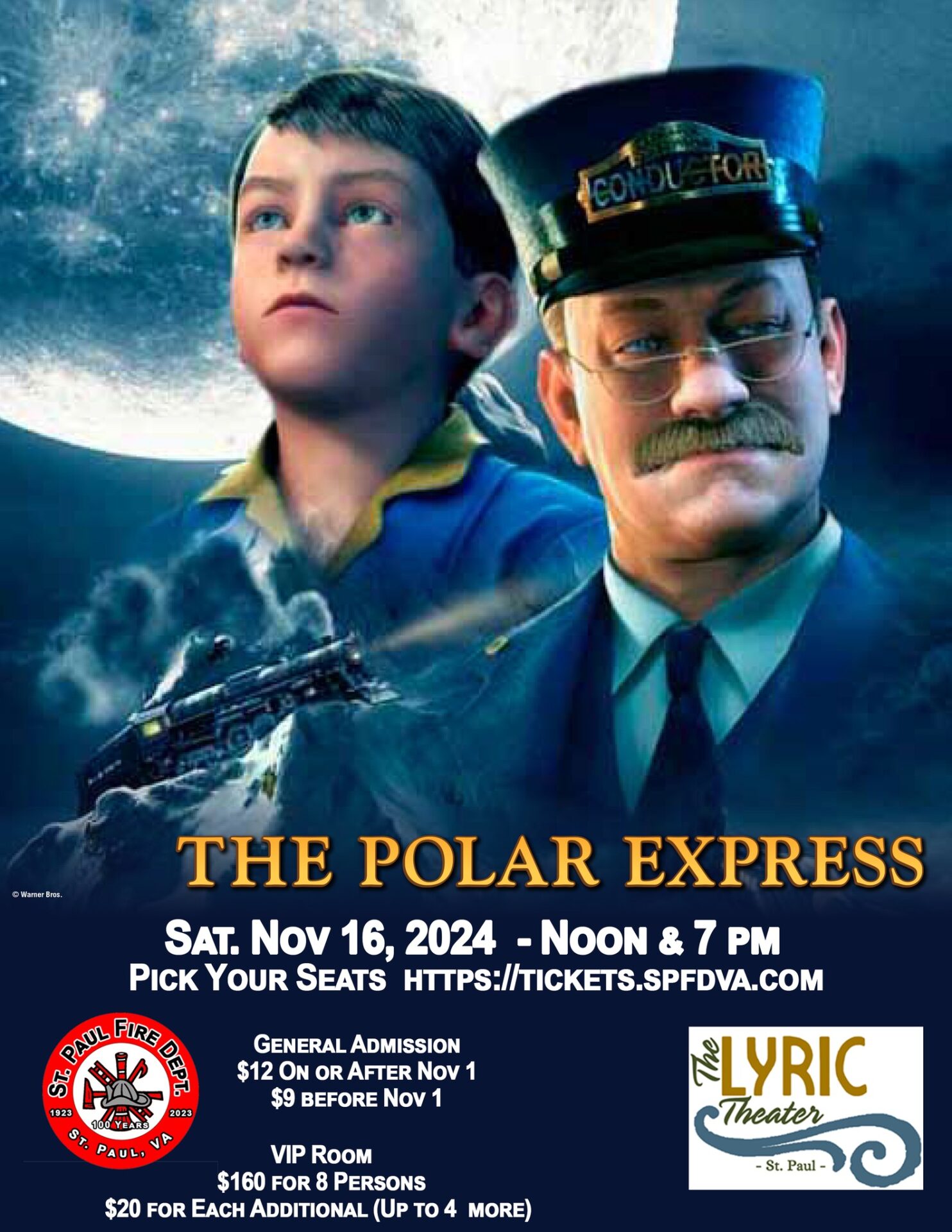 Polar Express movie flier. Text: "General Admission: $12 on or after Nov. 1. $9 before Nov. 1. VIP Room: $160 for 8 people. $20 for each additional (up to 4 more.)"