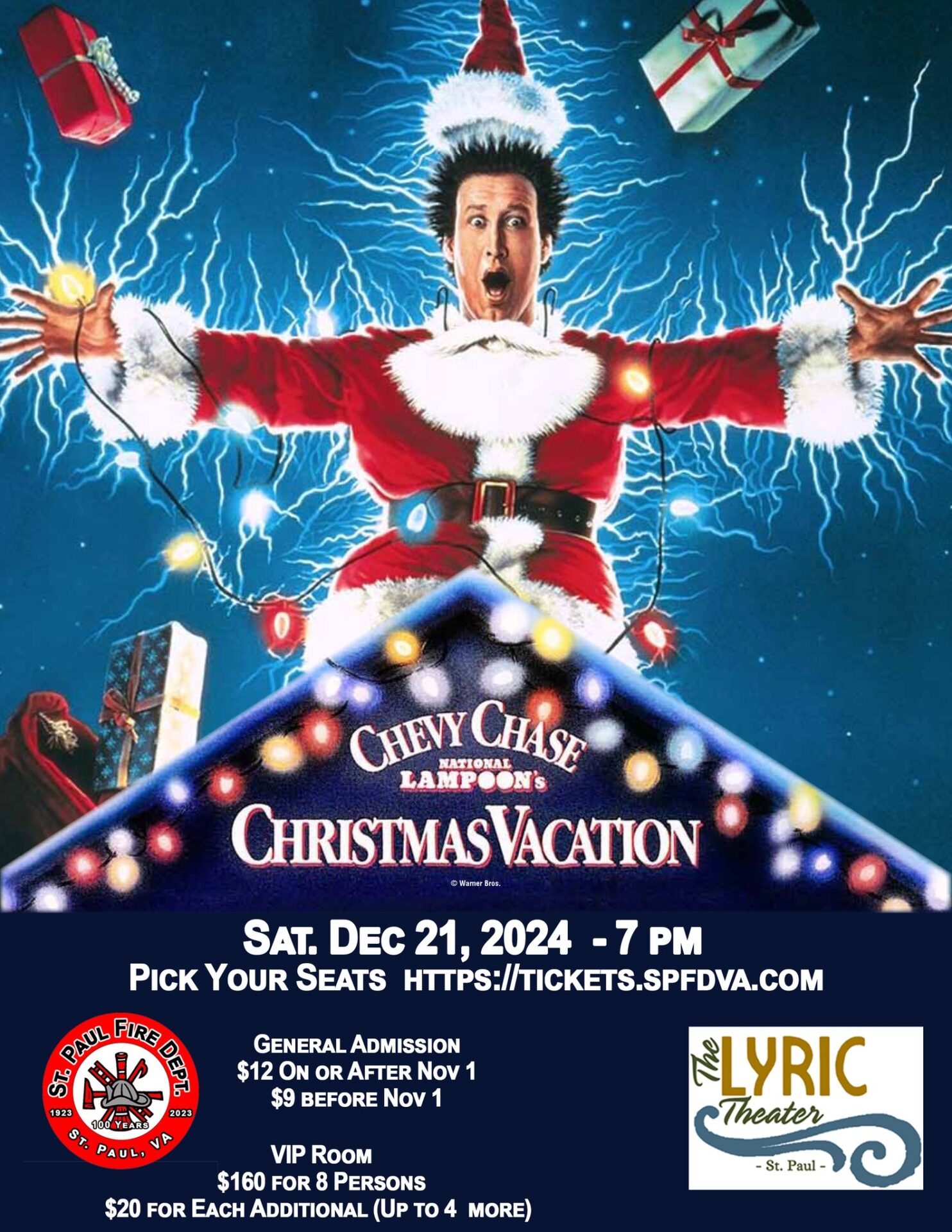 National Lampoon's Christmas Vacation event flier. Text: "Saturday, Dec. 21, 2024 - 7pm. General admission: $12 on or after Nov. 1. $9 before Nov. 1. VIP Room: $160 for 8 people, $20 per additional person (up to 4)."