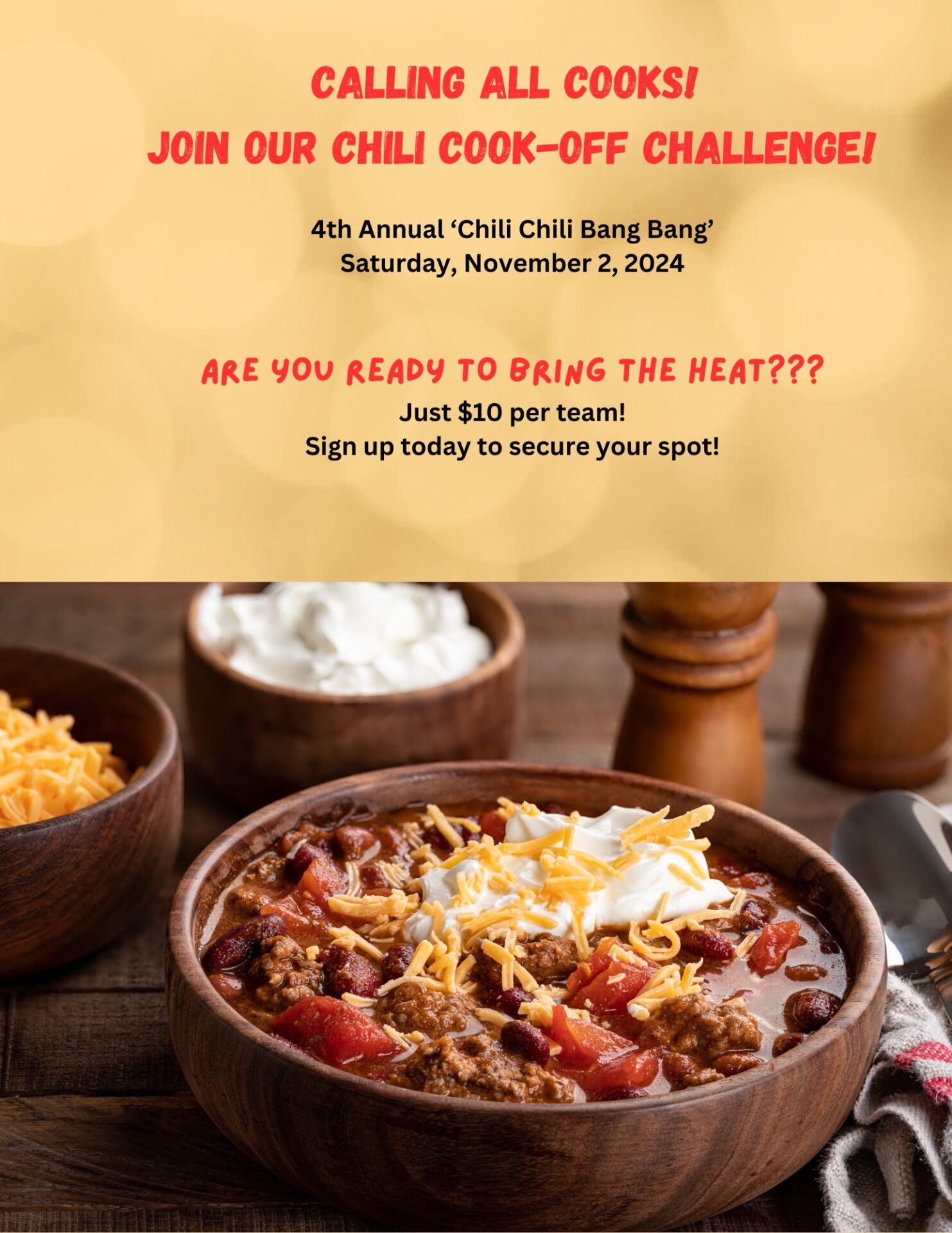 4th Annual Chili Chili Bang Bang Contest November 2, 2024 12-2pm Judging at 11:30am The Farmer's Market Pavillon, St. Paul Contests must pre-register by October 25, 2024 $10 entry fee per team. One chili per team may be entered in the competition. Registration may be completed online or by mail. Send fees and/or form to St. Paul Main Street, PO Box 375, St. Paul, VA 24283. You may also drop off in person at Clinch Life Outfitters in St. Paul. Prizes will be awarded by a panel of judges for the "Best Dang Chili in St. Paul." 1st - $200 2nd - $100 3rd - $50 People's Choice - $150 For the Chili Chili Bang Bang contest, chili is defined as a hearty stew with or without meat using chili peppers (dried and/or fresh), a variety of spices, and may contain other ingredients such as tomatoes and onions. All types of chili are allowed including those with or without beans, chicken chili, white chili, vegetarian chili, etc... No rice or macaroni. No MSG. If peanuts or peanut oil is used, a warning sign must be displayed. All ingredients must be pre-cooked and treated prior to the event - chili must be brought ready to eat and prepared using safe food handling practices. Teams will need the following items to use during the event: hand sanitizer, paper towels, food serving gloves.